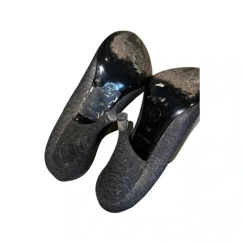 Chanel Black Shimmer Lace Almond Toe Pump Shoes Size 38 - Picture 8 of 10